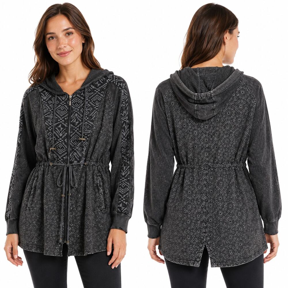 Gimmicks by BKE Women's Black Mixed Media Hooded Eyelet Full Zip Dress